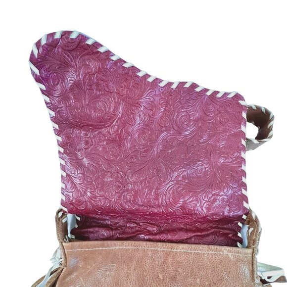 Handcrafted Brown Leather Crossbody Bag Red Rose Embroidery & Fringe Accents GUC - Picture 7 of 12